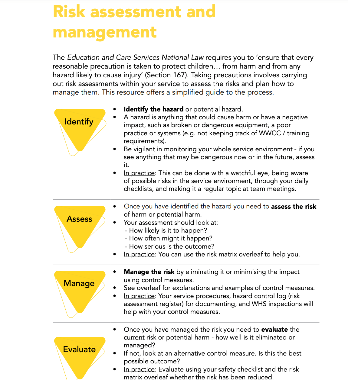 ACECQA Information sheet Risk assessment and management Early