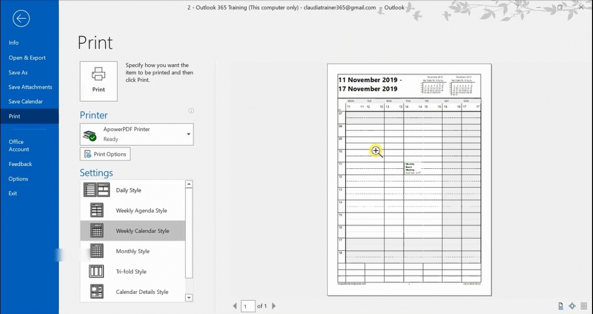 How to print a calendar in outlook