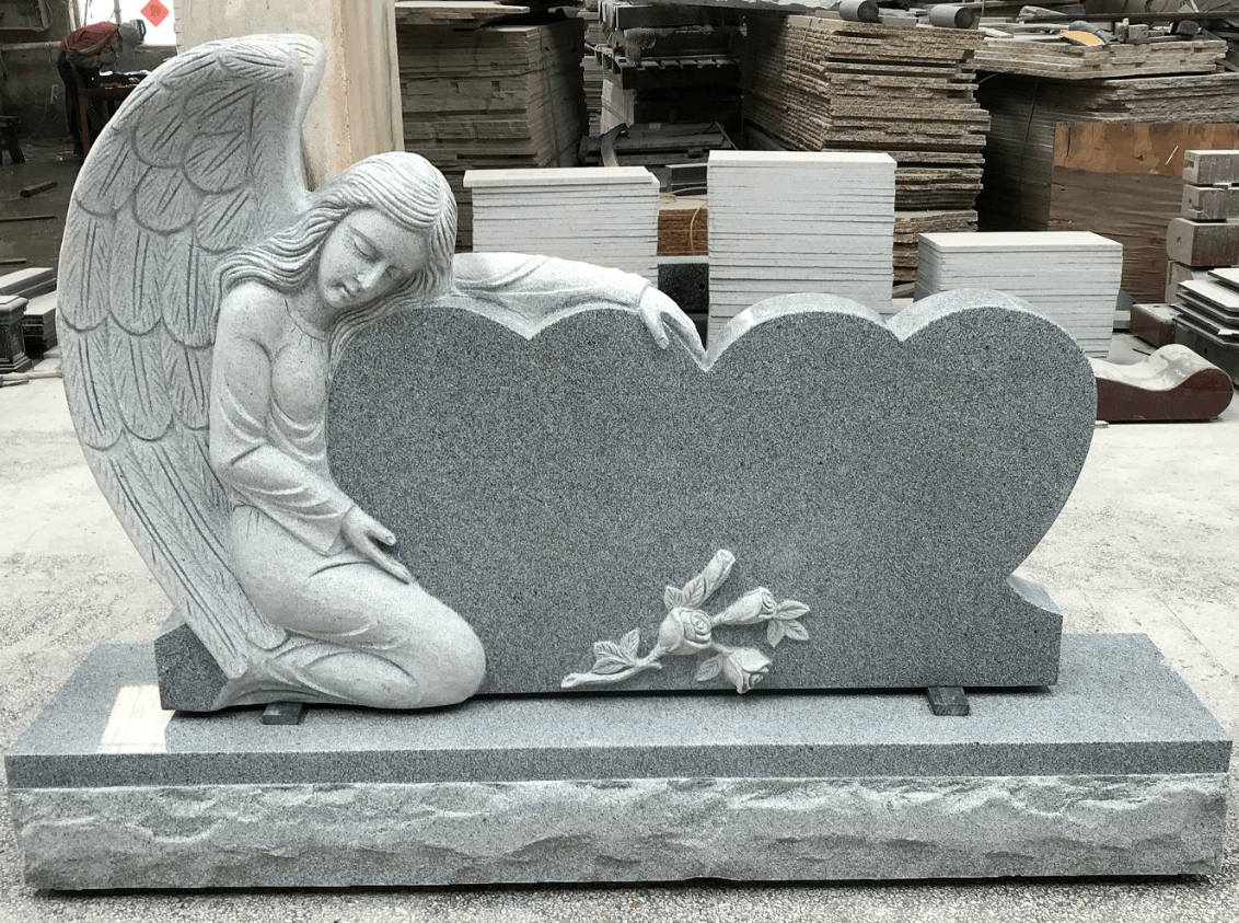 Angel with double hearts grey granite headstone easonstone