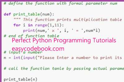 Python Multiplication Table Of Number By Function Program - Easycodebook.com