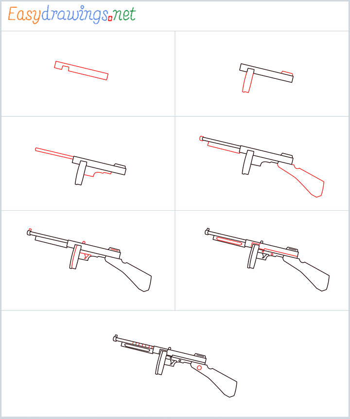 How To Draw THOMPSON Gun Step by Step [7 Easy Phase]