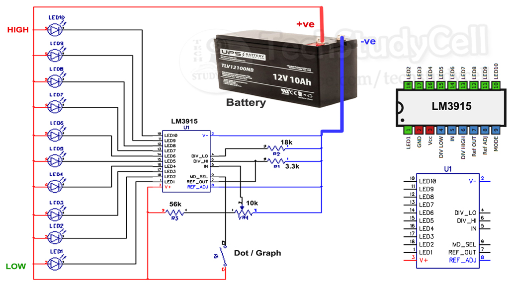 12 Volt Battery Monitor Circuit With Lm3914 - Circuit Diagram