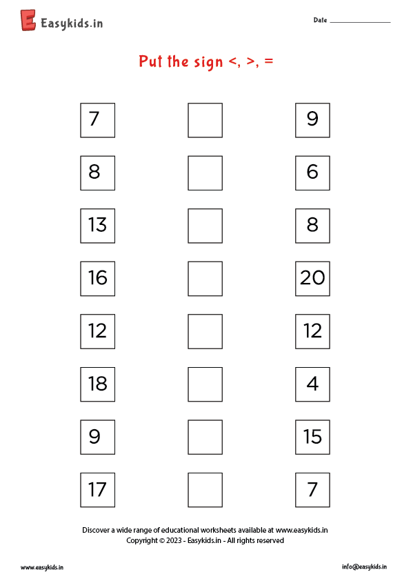 Put the correct sign worksheet - EasyKids.in