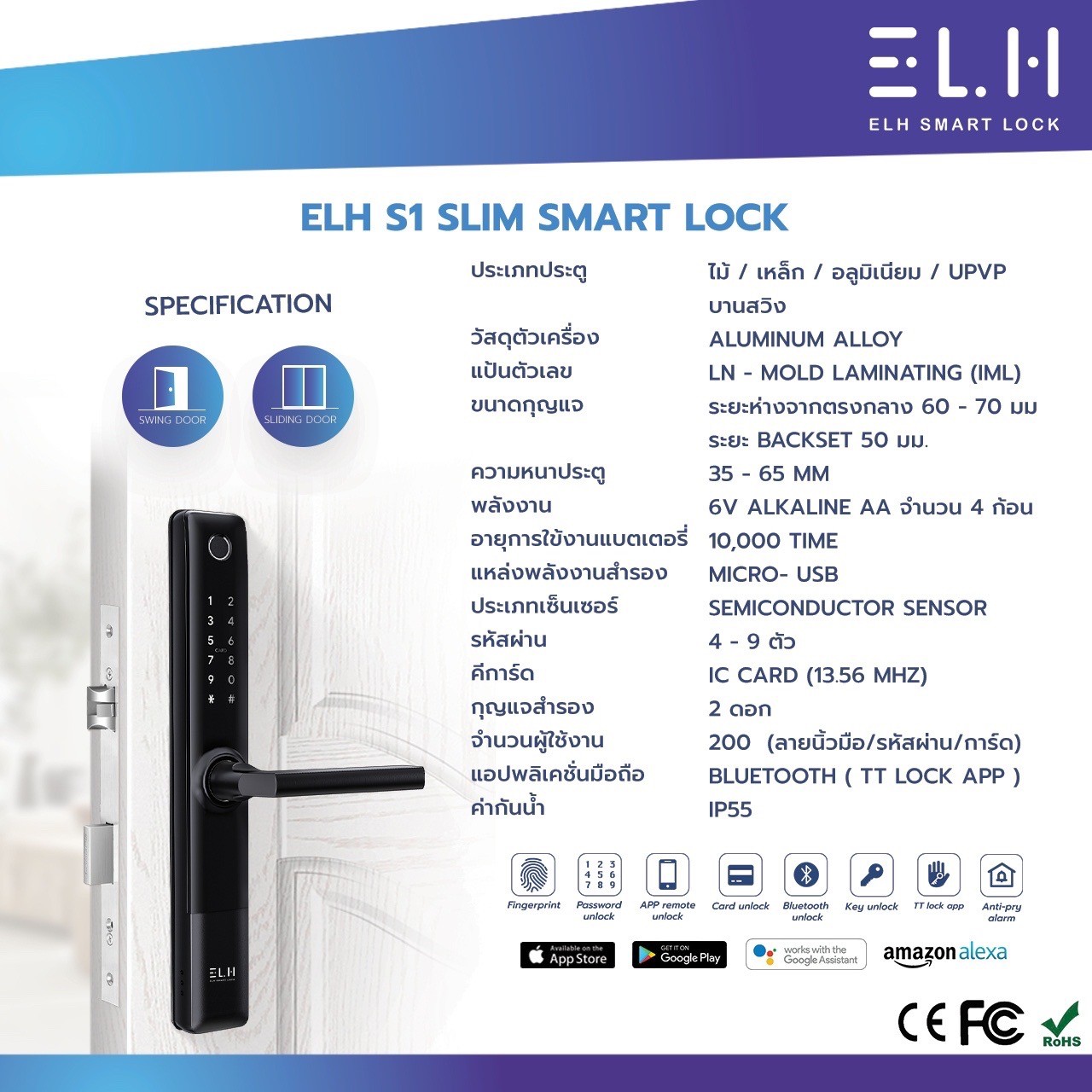 ELH Smart Digital Door Lock S1 กลอนประตูดิจิตอล ( กันน้ำ Fully 100