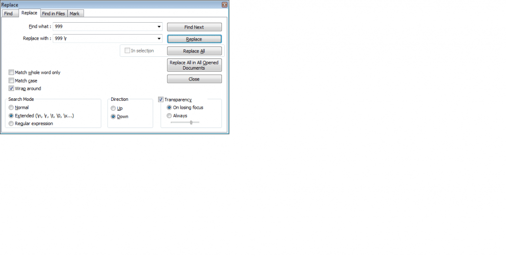 Notepad++ find and replace string with a newline EasyOraDBA