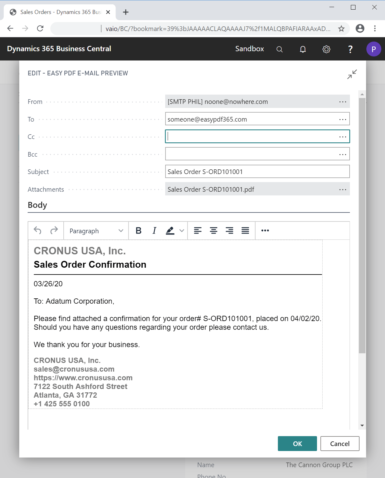 Business Central Email, Print, Batch Easy PDF