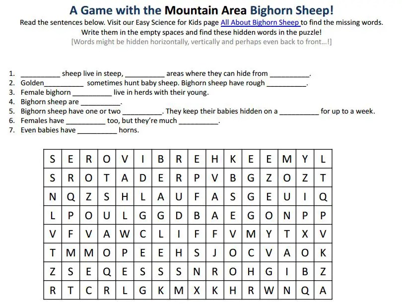 Mountain Area Bighorn Sheep Easy Science Kids Worksheet Printables