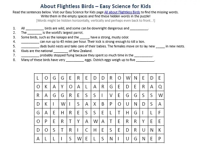 Flightless Birds Science Facts Worksheet Image Easy Science For Kids