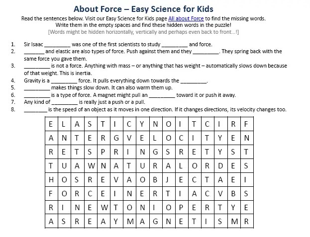 Force Activity Sheet Free Science Hidden Word Puzzle Game for Kids