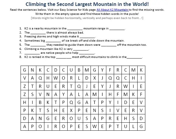 K2 Mountain Worksheet Free Downloadable Find The Words Worksheet