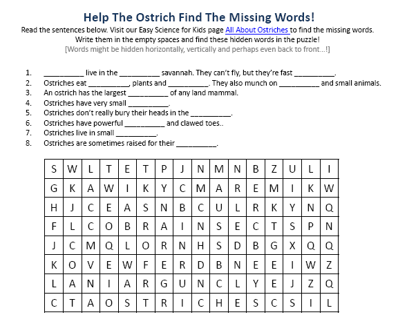 Ostriches Worksheet Easy Science Kids Hidden Words Puzzle Game Free