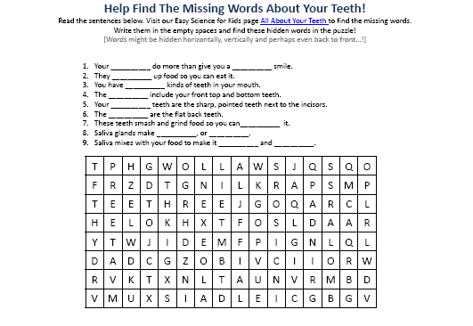 Teeth Worksheet Free to Print Easy Science for Kids Hidden Words Puzzle