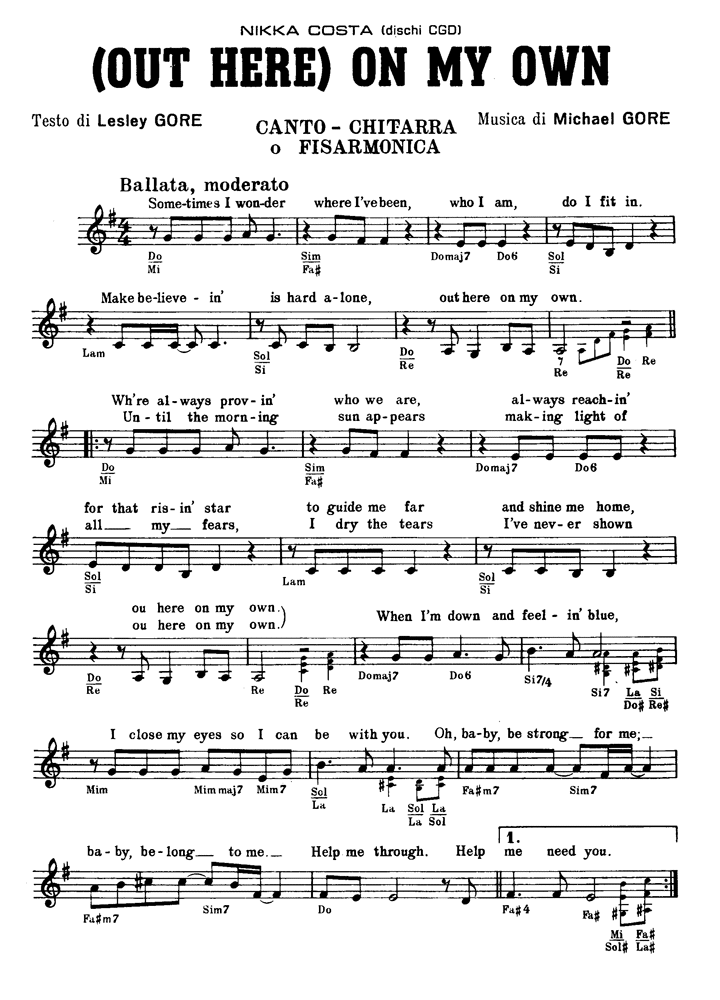 (OUT HERE) ON MY OWN Nikka Costa Sheet music Easy Sheet Music