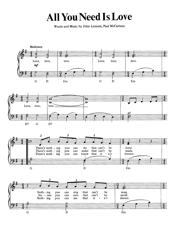 ALL YOU NEED IS LOVE The Beatles Easy Piano Sheet music Easy Sheet Music