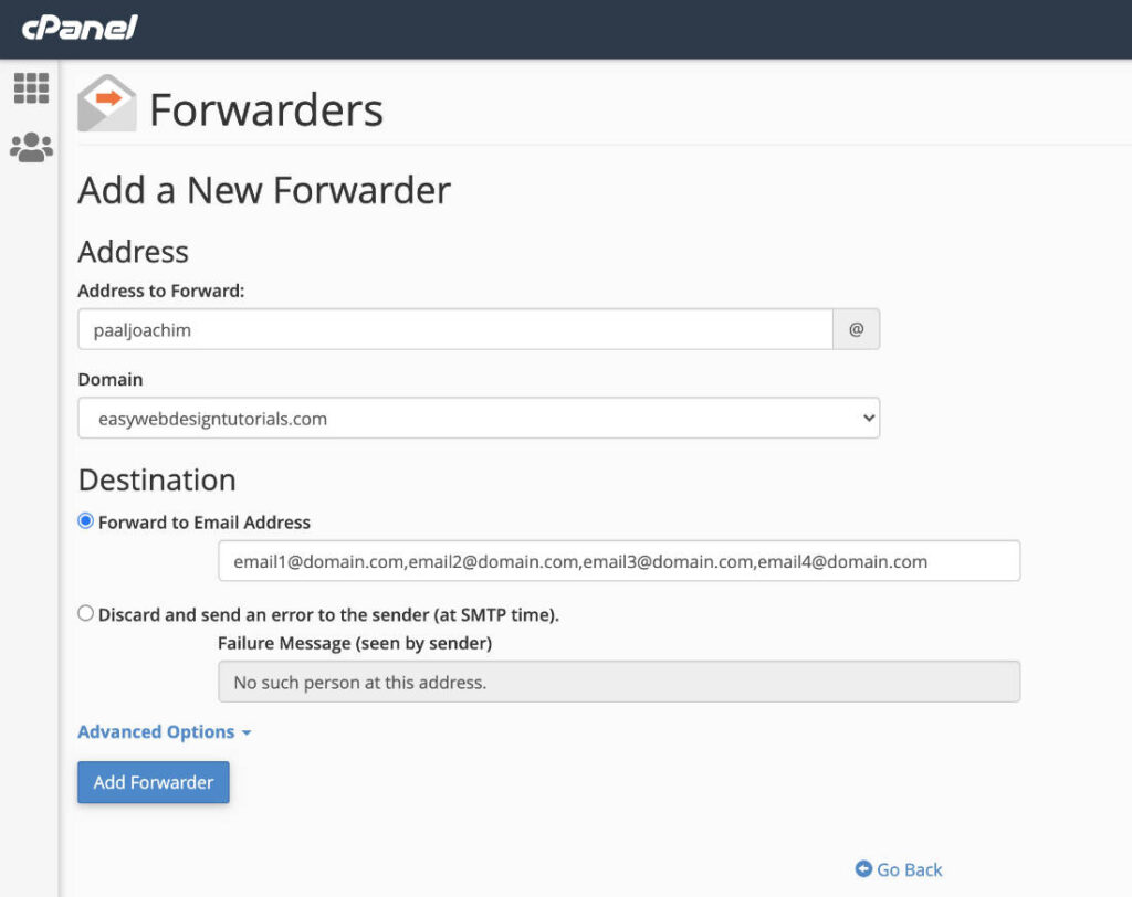 cPanel Add forwarder to multiple email addresses in one go. Easy 