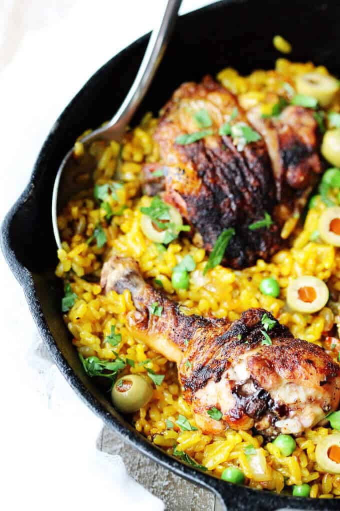 One Pot Chicken Saffron Rice with Peas and Olives Eating European