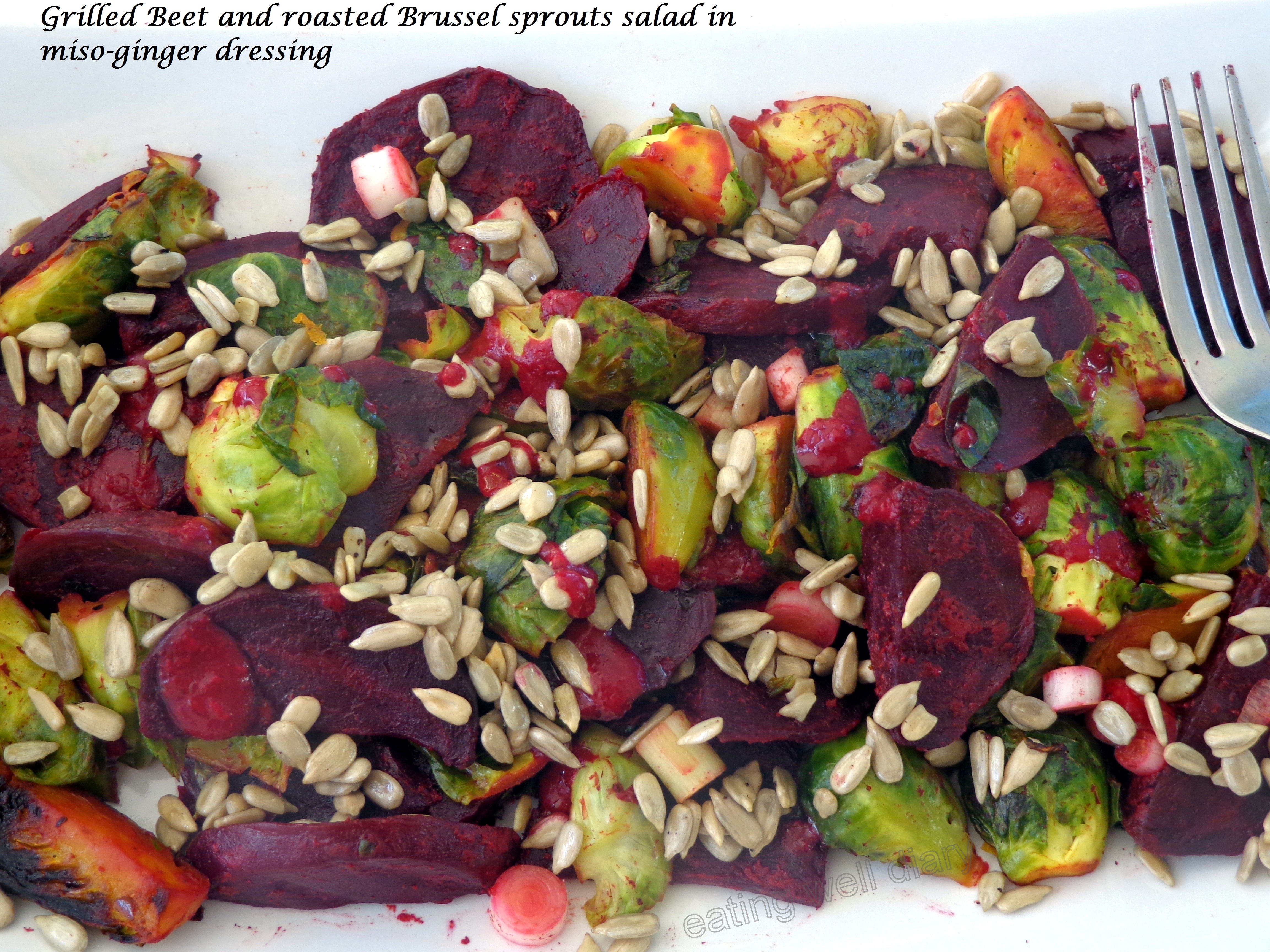 Grilled beet and brussel sprouts salad with misoginger dressing