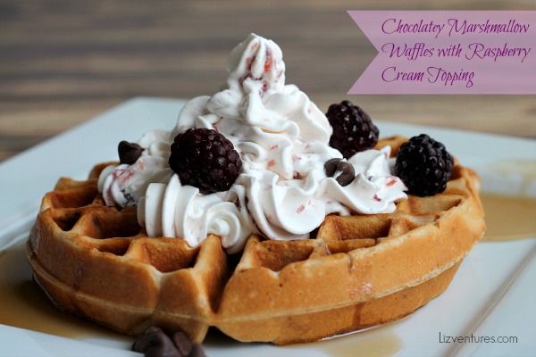 Chocolatey Marshmallow Waffles with Raspberry Cream Topping on plate