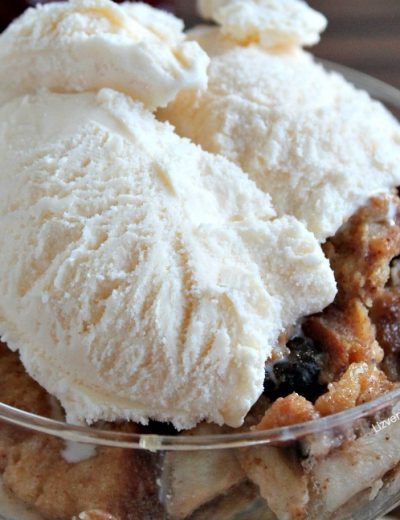 A close up of bread pudding