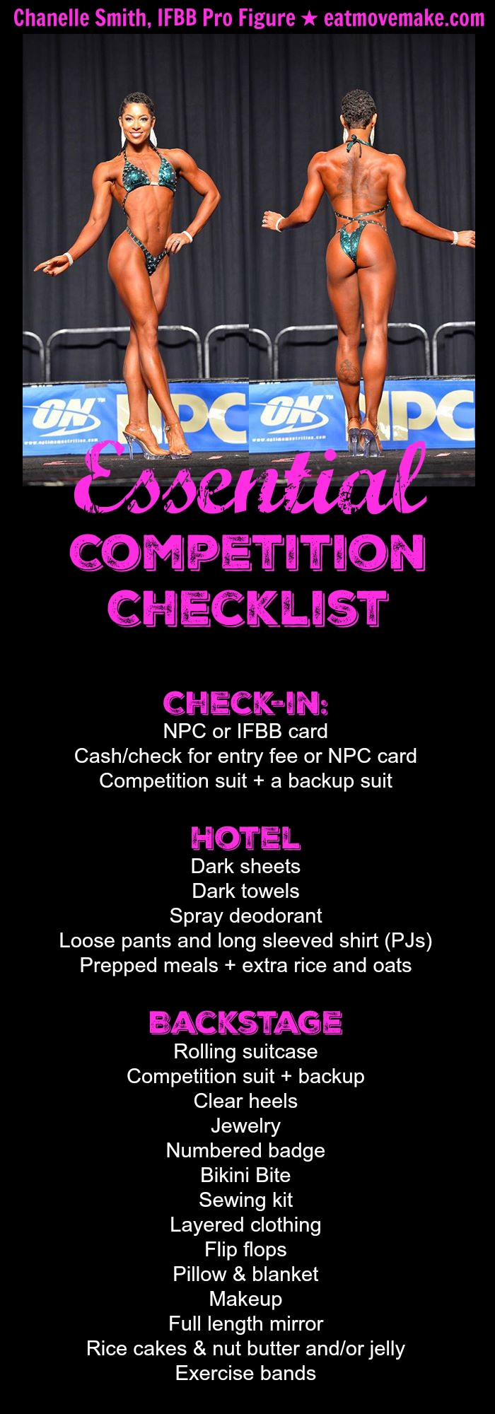 Everything you need to bring with you for a competition - from contest check-in, to your hotel room, to backstage! Click to read the rest of the post, with a checklist of what to do in the months prior to the competition. | eatmovemake.com