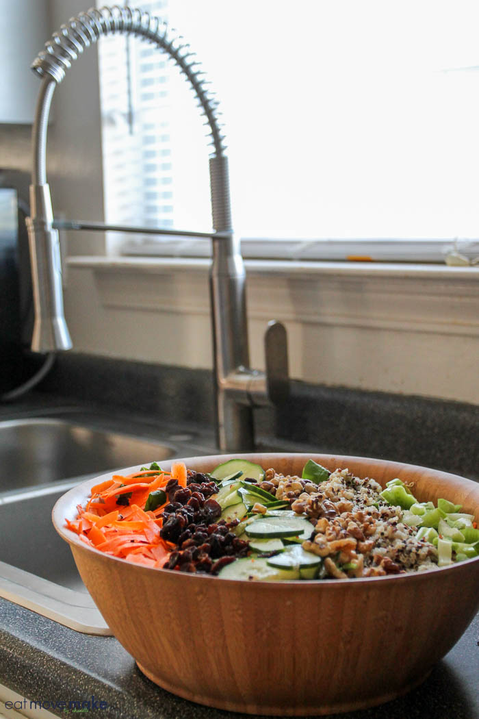 Garden Fresh Quinoa Salad with Ginger-Curry Dressing in salad bowl