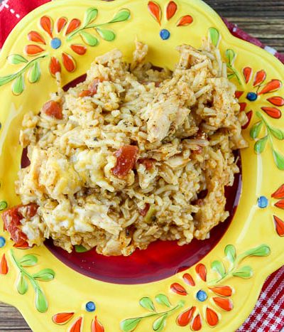 A plate of food on a table, with Casserole and Chicken