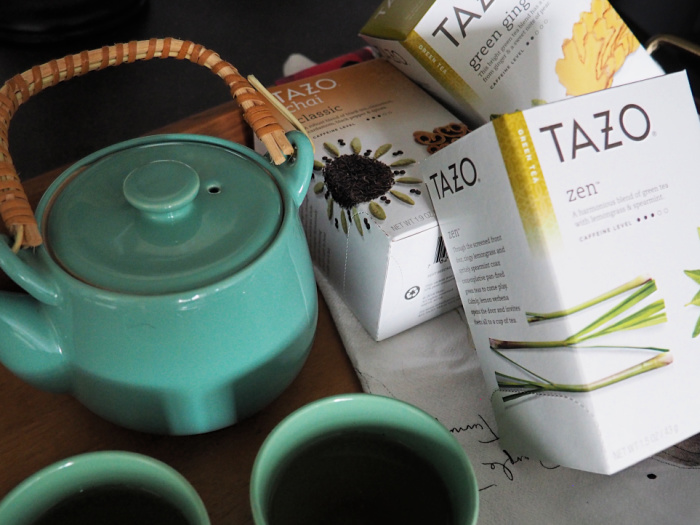 Tazo Tea with tea kettle and teacups
