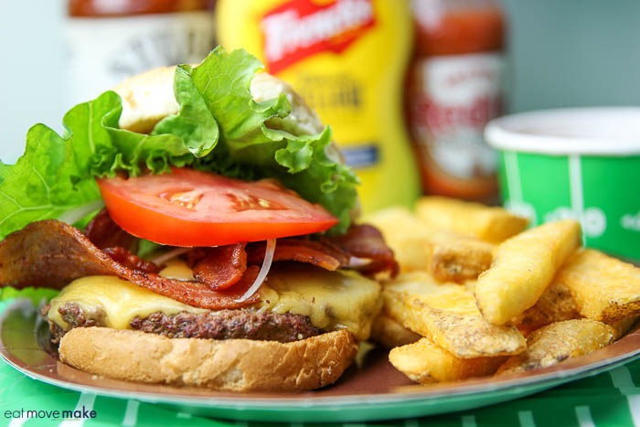Frank's Redhot Bacon Cheeseburger on plate with fries