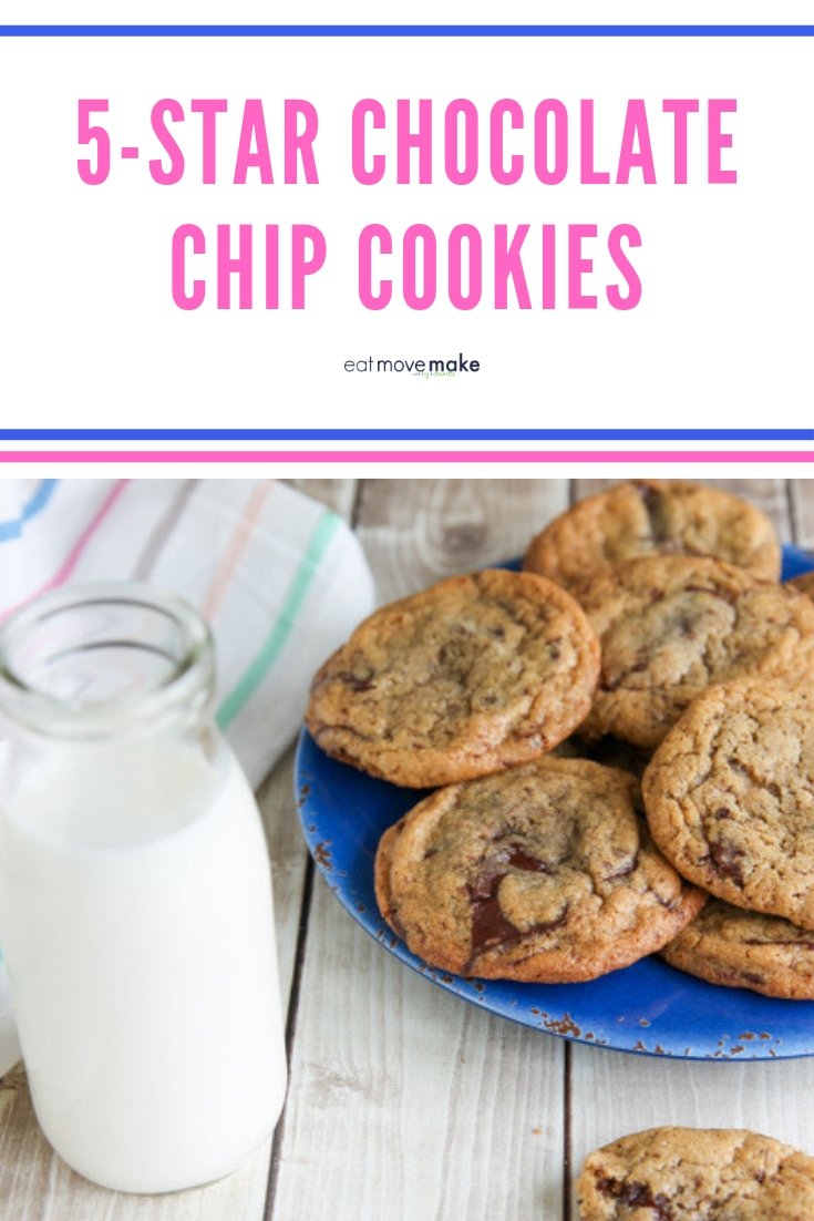 chocolate chip cookies on blue plate with milk glass and towel nearby