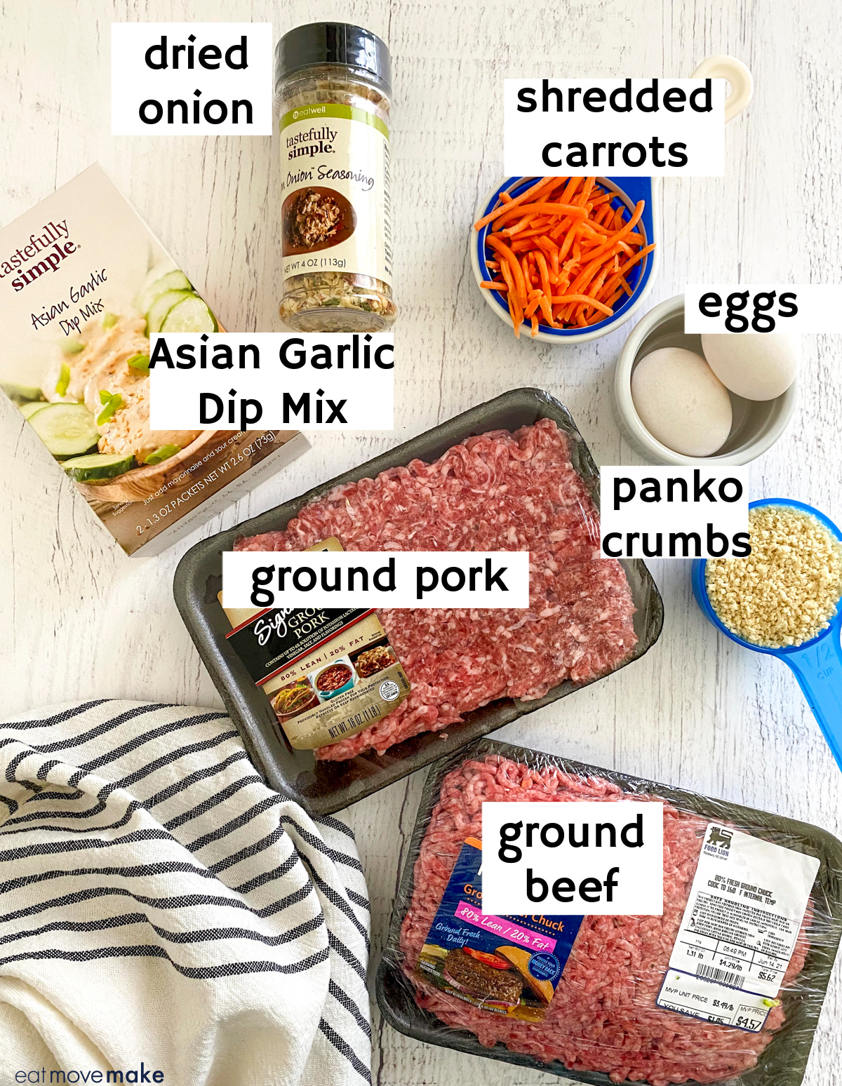 labeled ingredients for Asian Garlic Meatloaf