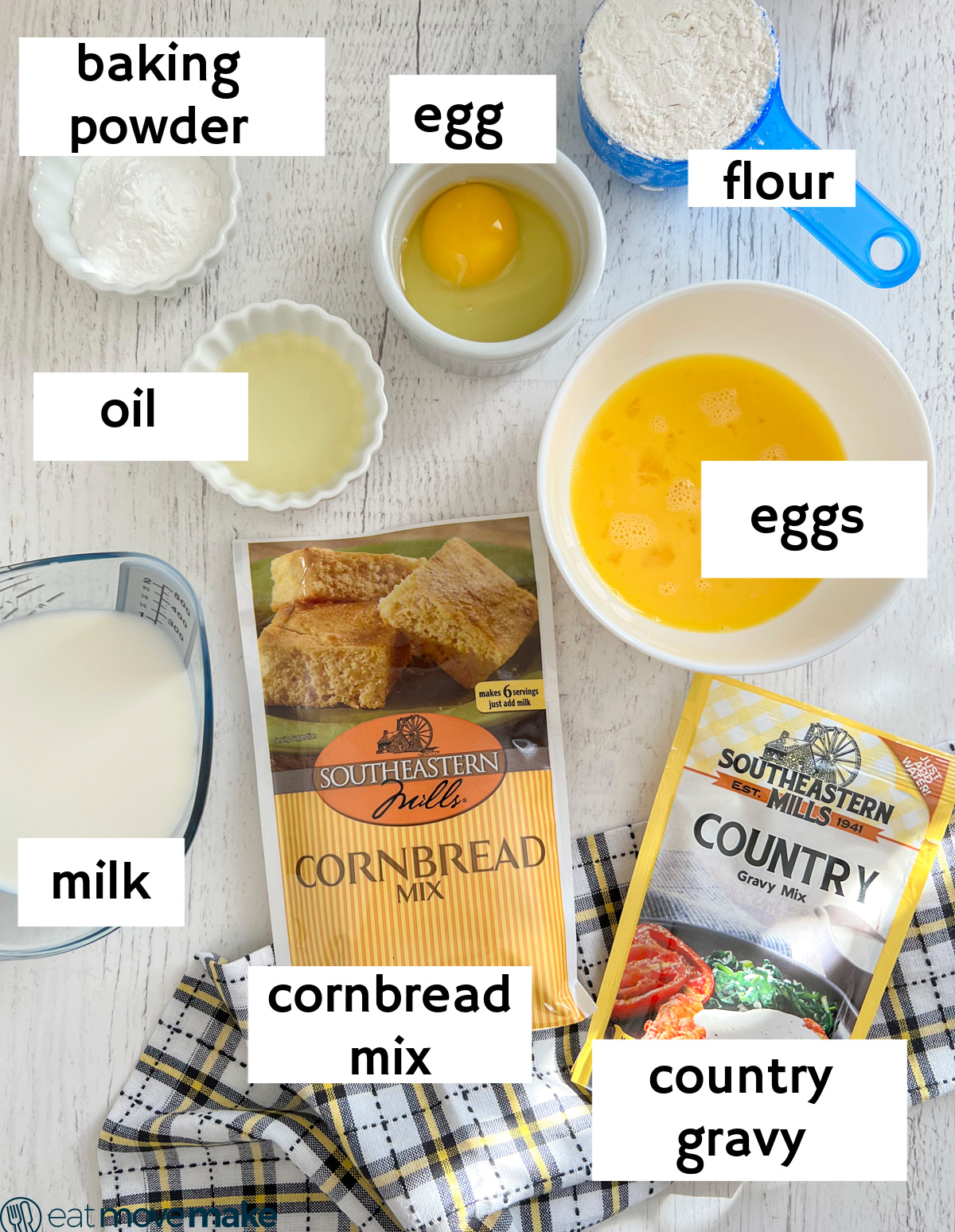 labeled ingredients for cornbread pancakes