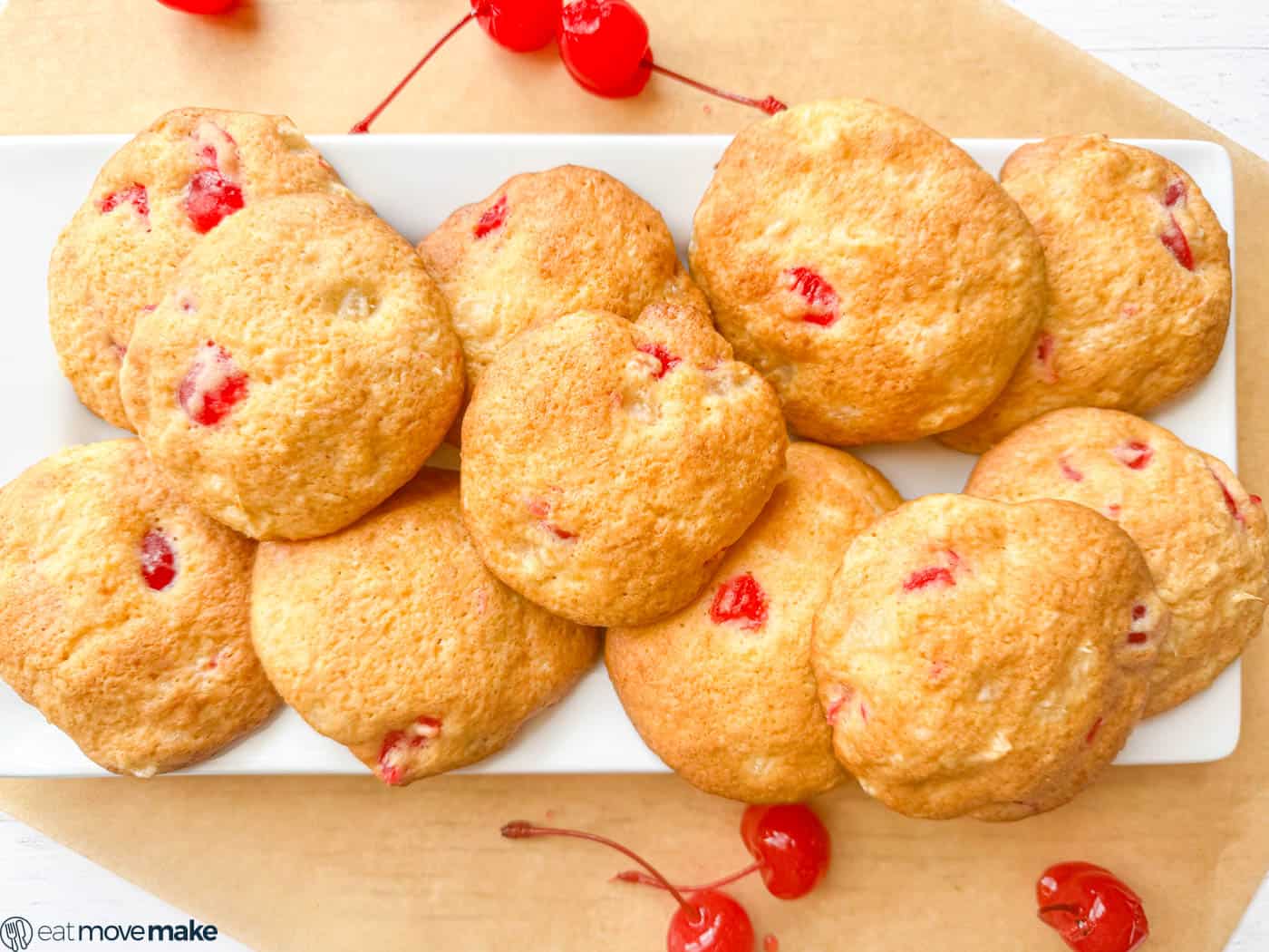 cherry drop cookies on tray.