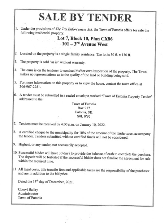 Single Family Residence For Sale by Tender Town of Eatonia