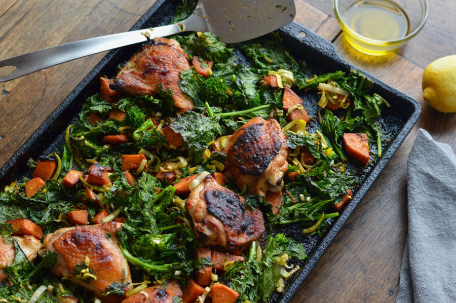 One Pan Chicken with Broccoli Rabe & Sweet Potatoes