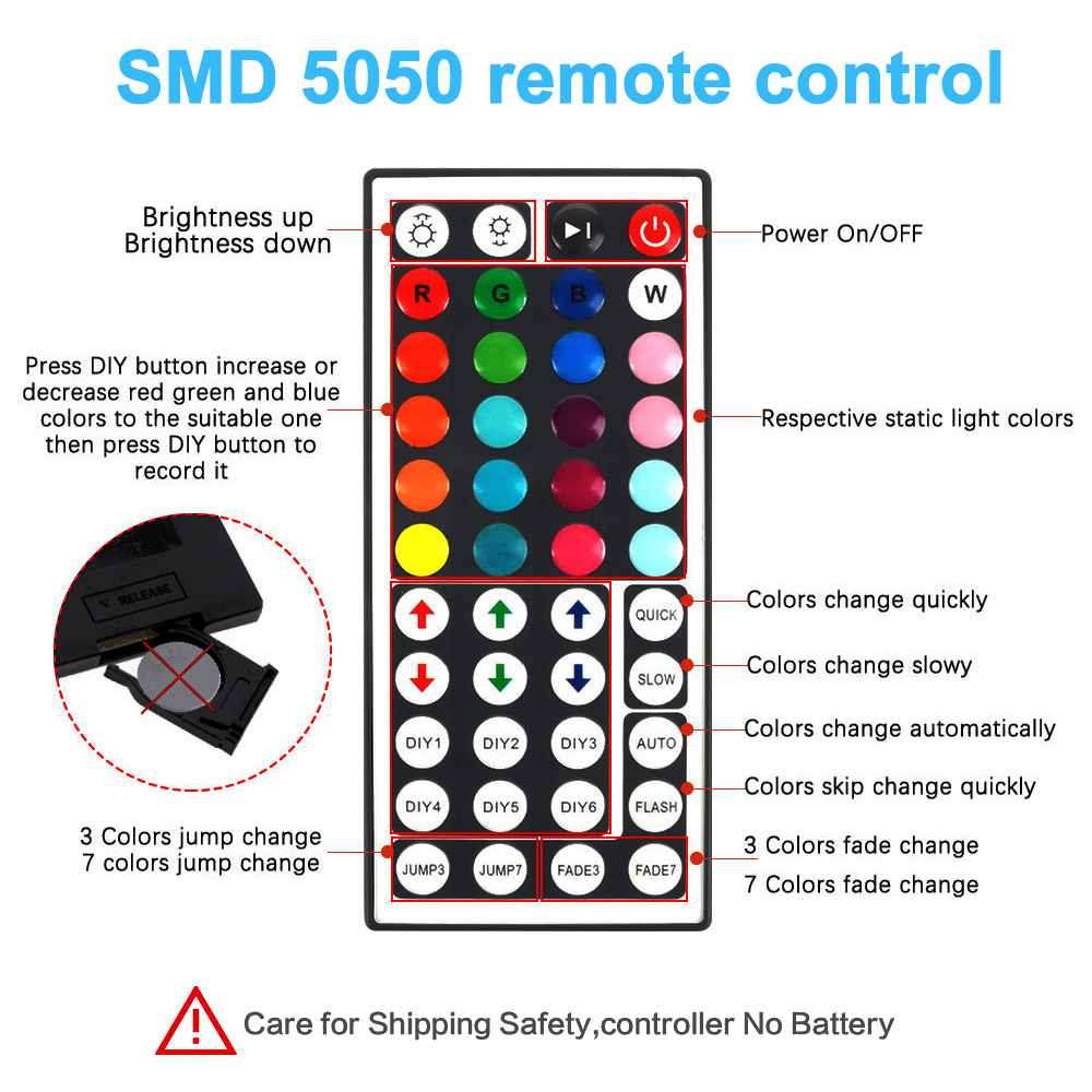 Led Strip Lights Waterproof 5050 With 44KEY Remote Connectors 12v For