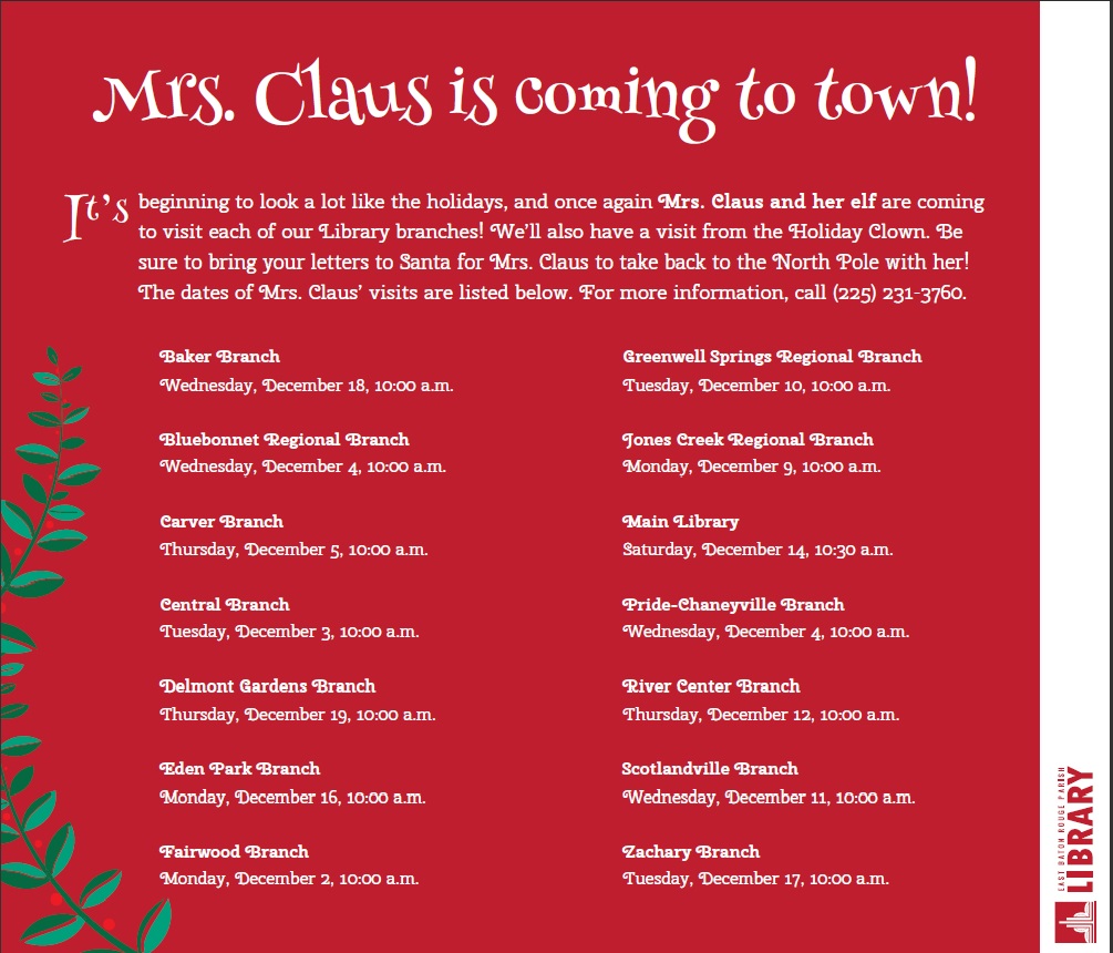 A Visit with Mrs. Claus and the Holiday Clown East Baton Rouge Parish