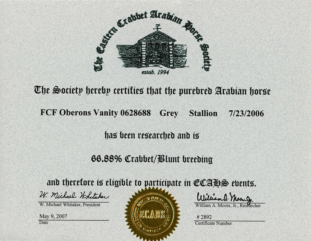 Pedigree CertificationThe Eastern Crabbet Arabian Horse Society