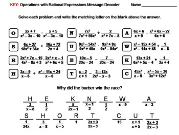Operations with Rational Expressions Worksheet: Math Message Decoder
