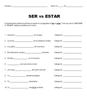 Worksheet 2 Ser Vs Estar Answers | TUTORE.ORG - Master of Documents