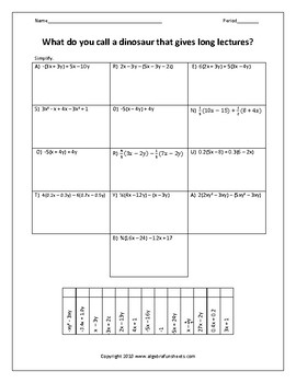 Simplifying Algebraic Expressions Worksheet by Algebra Funsheets