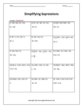 Simplifying Algebraic Expressions Worksheet | Math Riddle by Algebra