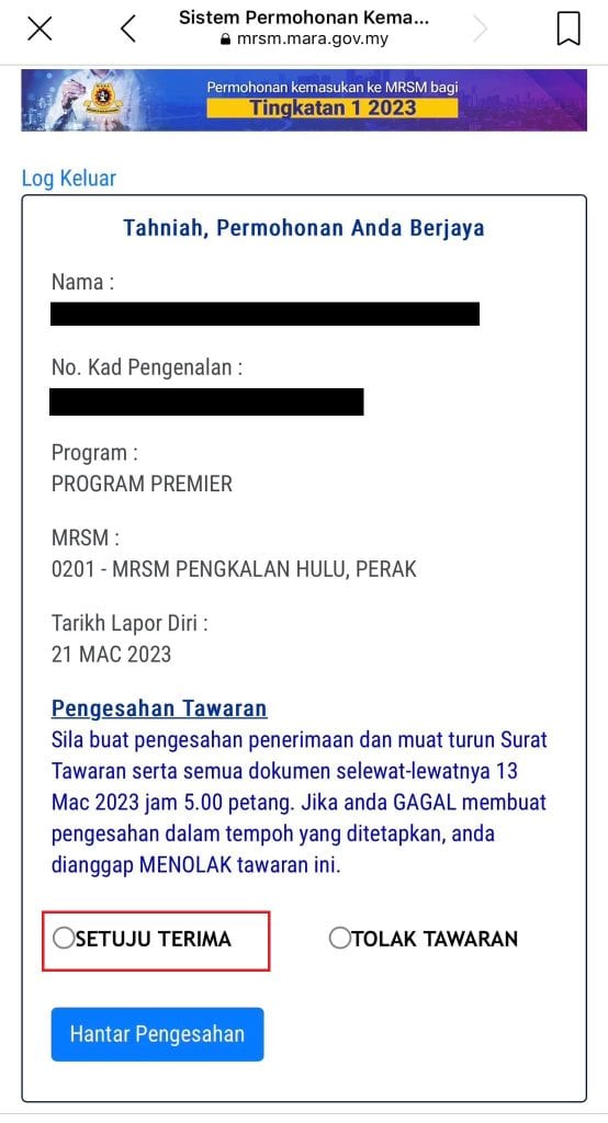 Semakan Keputusan Permohonan MRSM Sesi 2024 / 2025