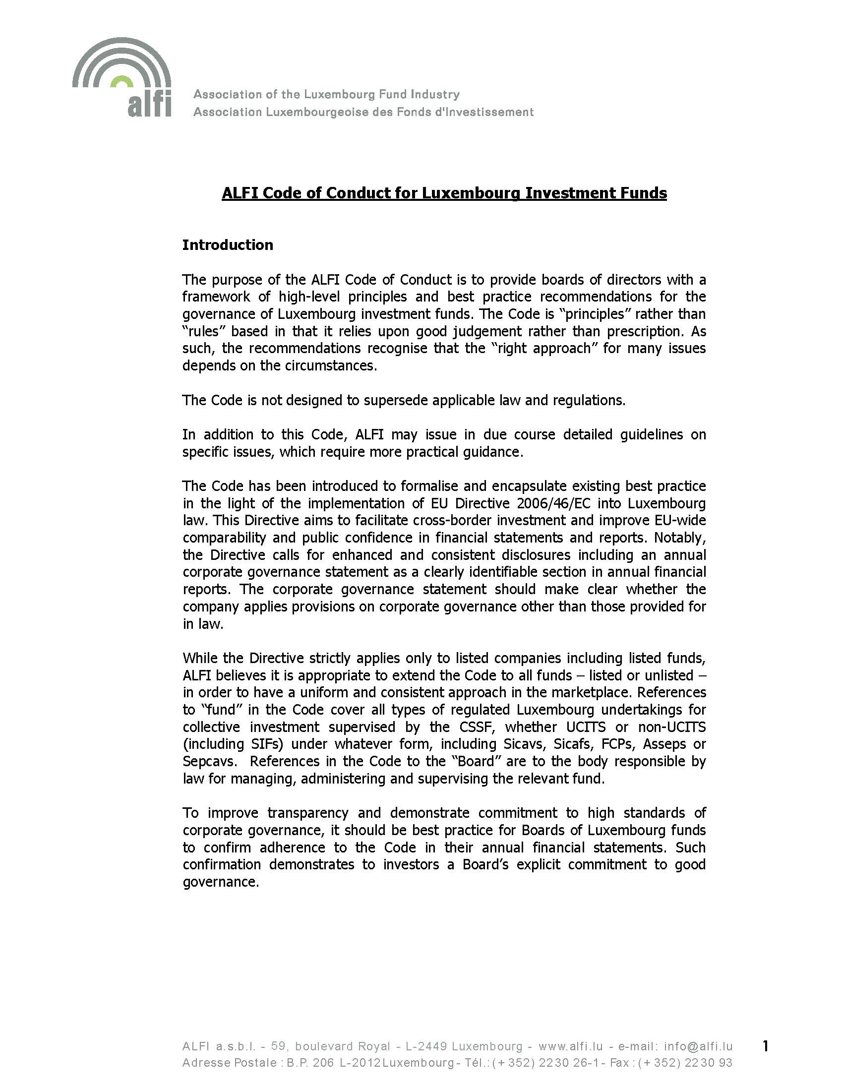 ALFI Code of Conduct for Luxembourg Investment Funds ECGI
