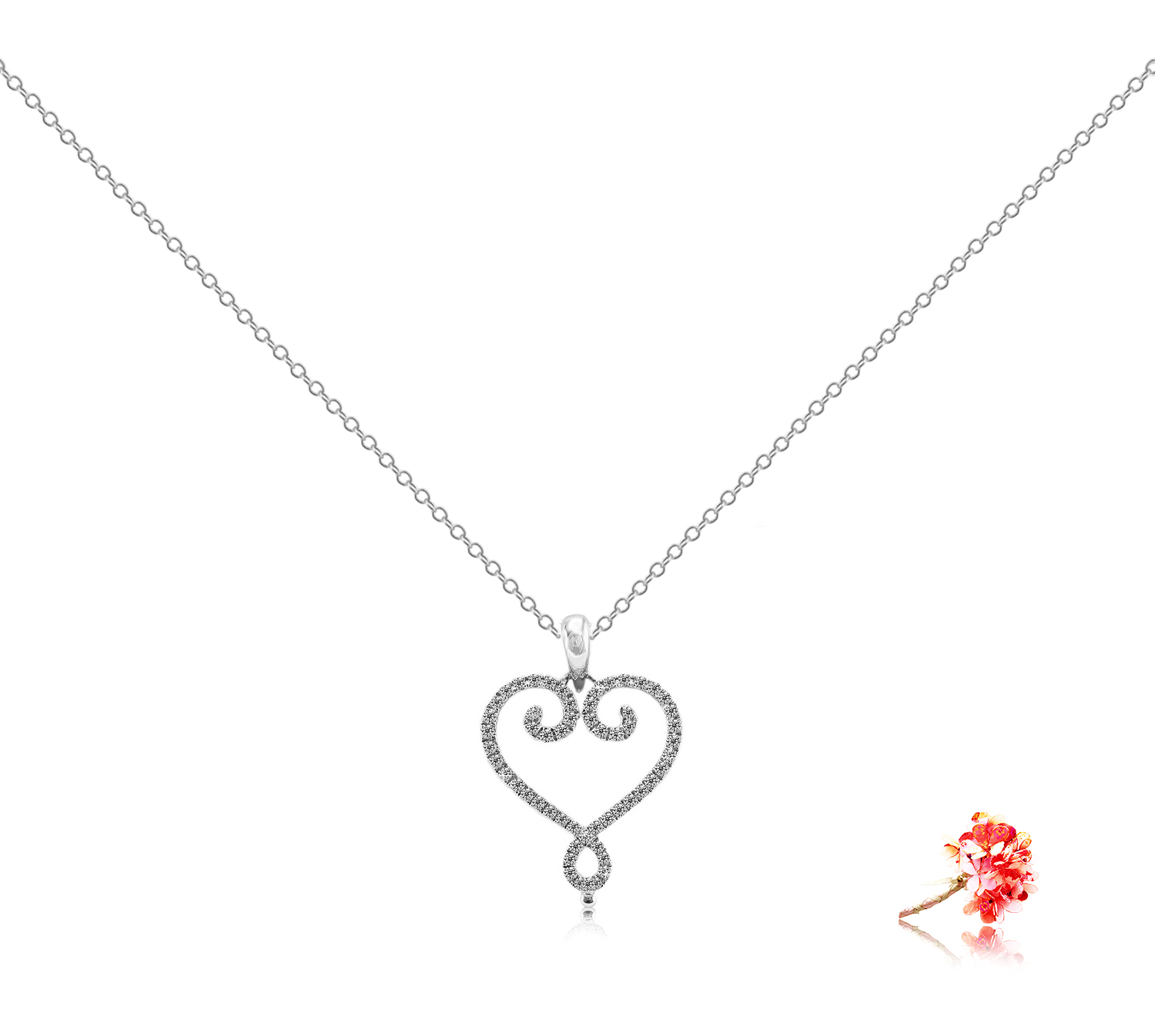 Heart Shape Pendant with Diamond Pavé in 18k White Gold eClarity