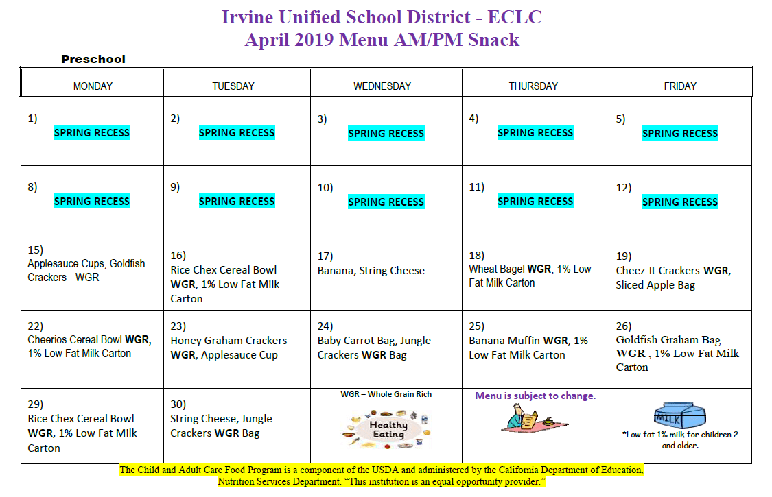 Sample Menu & Snack Ideas Wisconsin Department of Public.