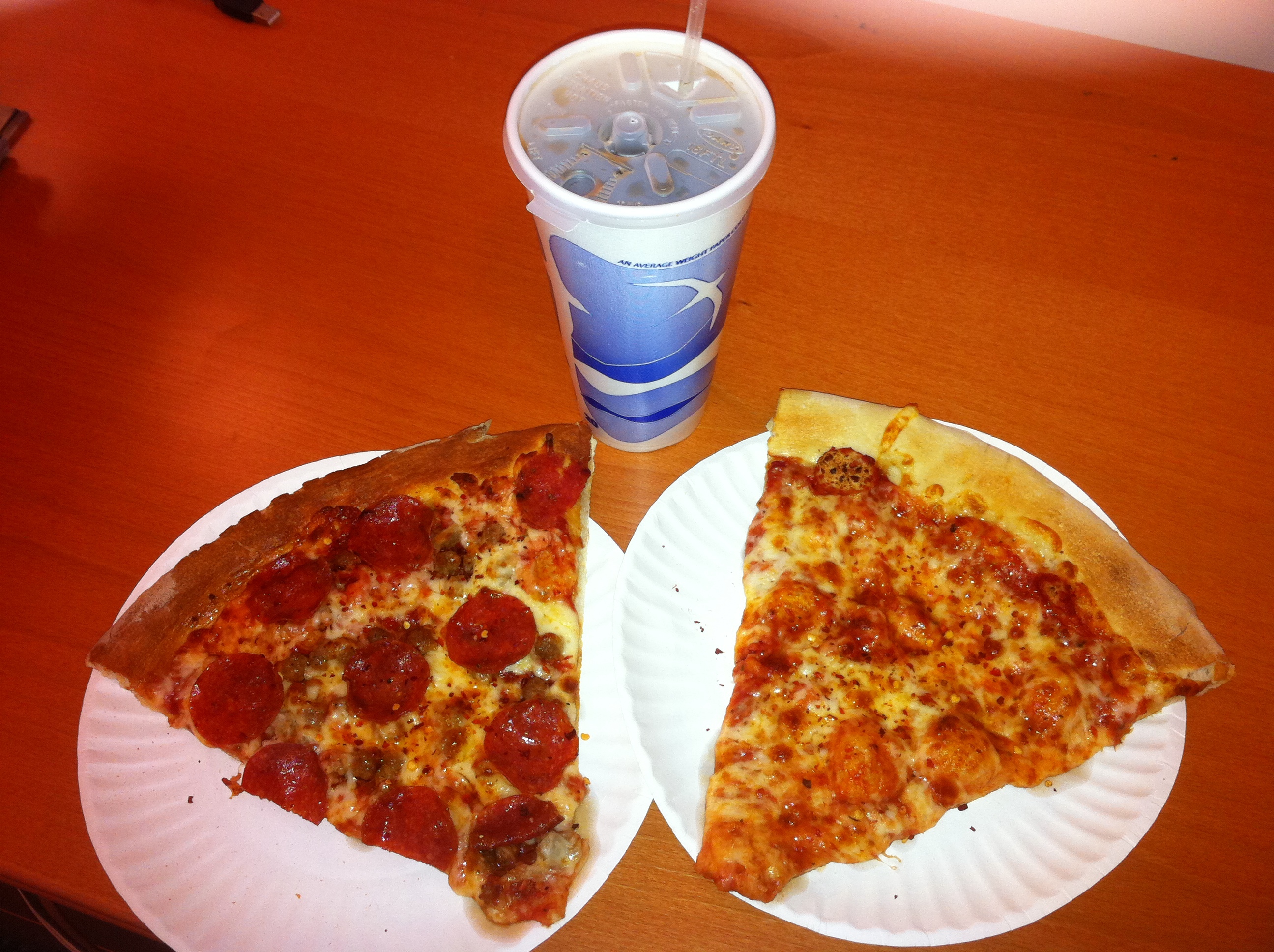 Slice cheese, slice pepperoni/sausage, and a soda EclecticGeek