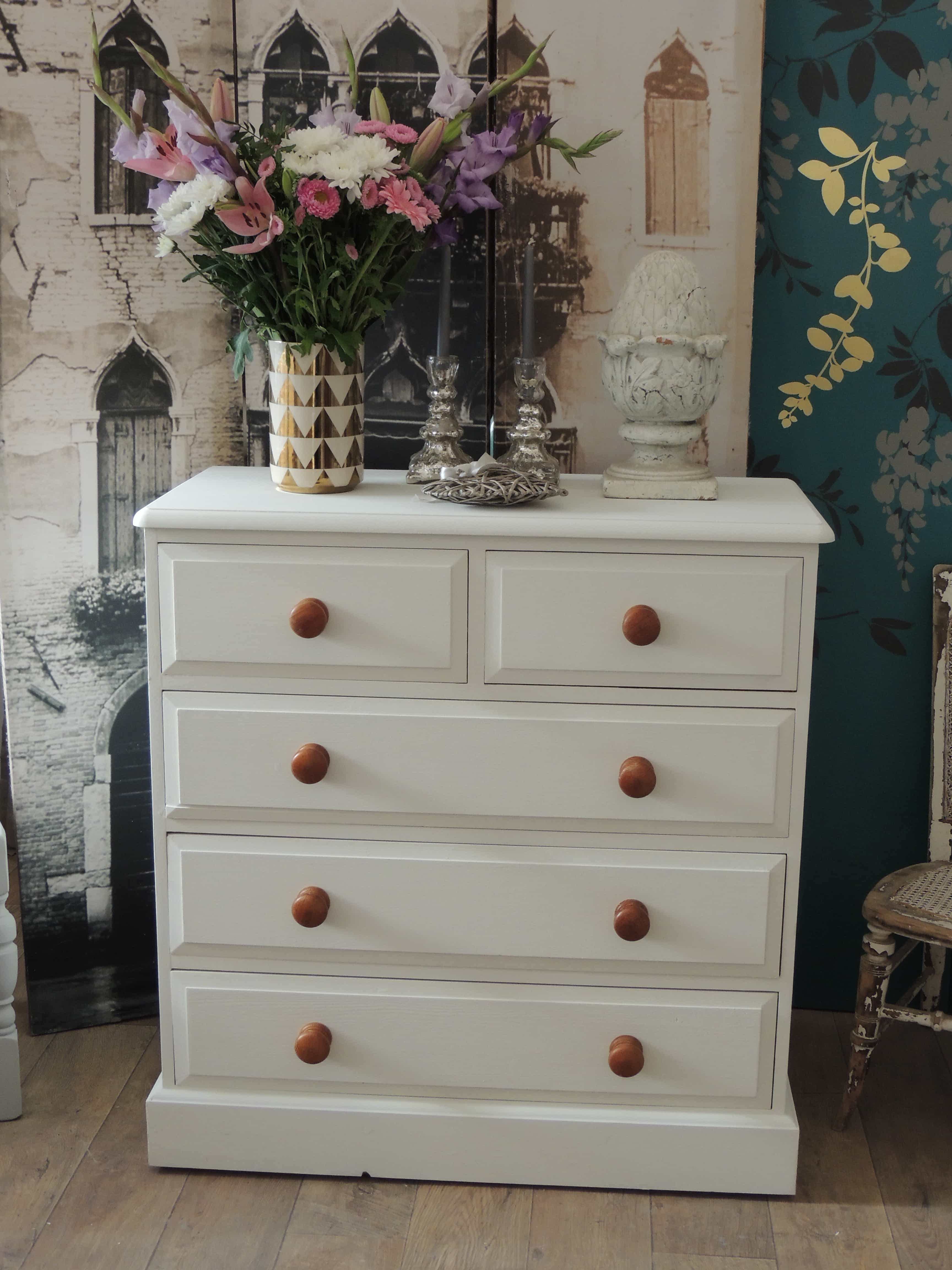 Shabby chic solid pine chest of five drawers ECLECTIVO London