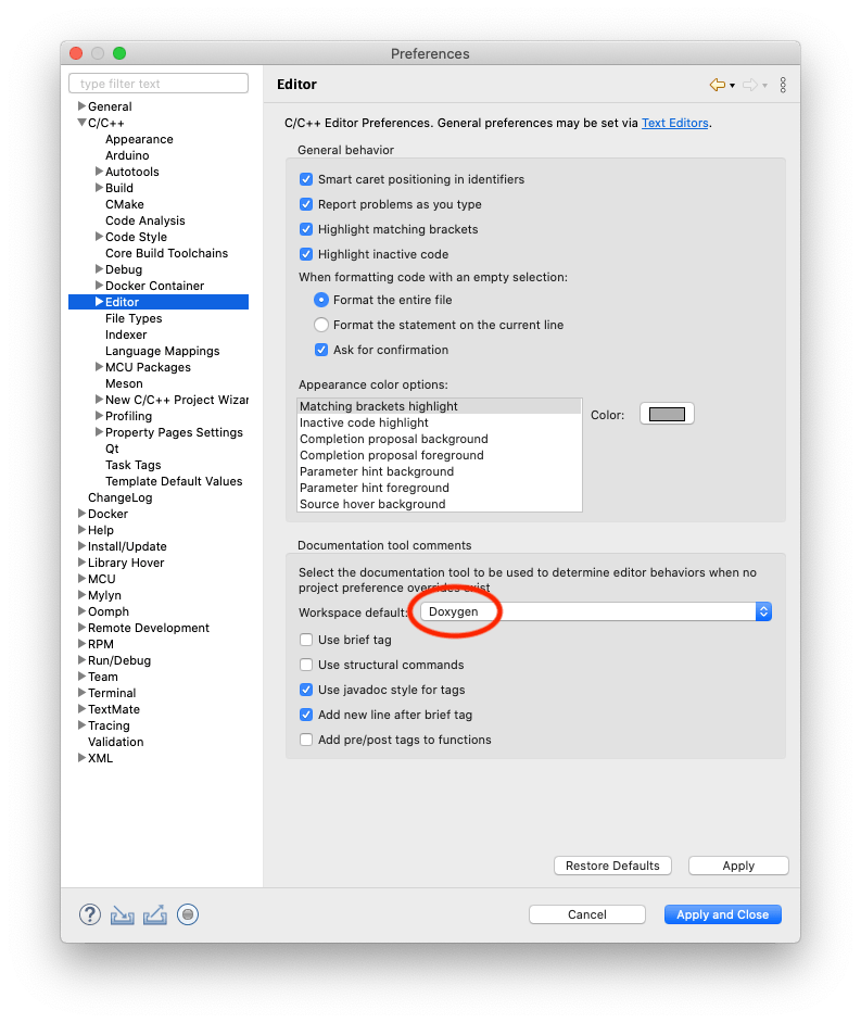Workspace preferences Eclipse Embedded CDT (C/C++ Development Tools)™