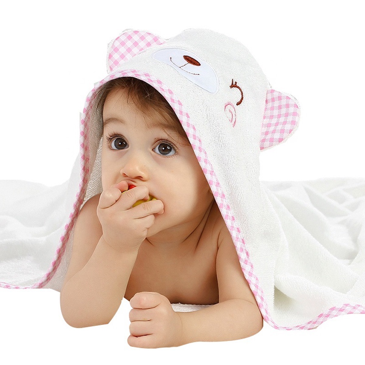 Bamboo Baby Hooded Bath Towel Pink & White EcoBargains
