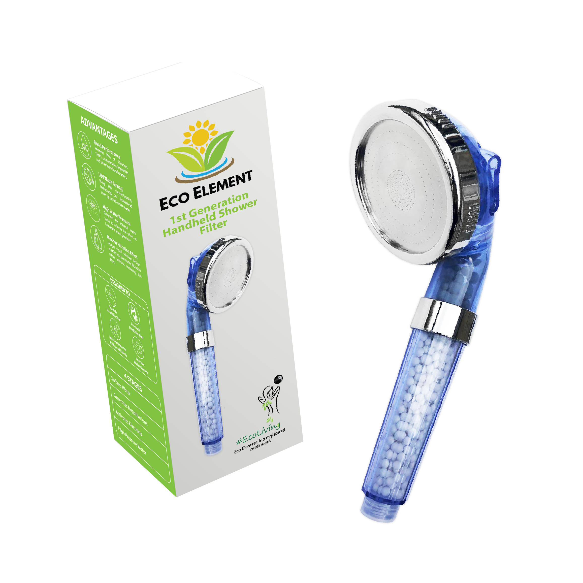 Eco Element 1st Gen HighPressure Massaging Shower Head Filter. Removes
